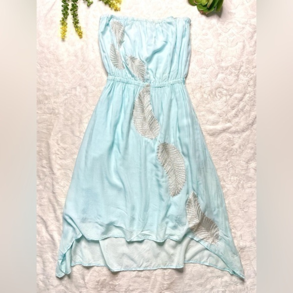 Letarte Handmade Strapless Metallic Embroidered Midi Dress Cover-up Sky Blue Sml